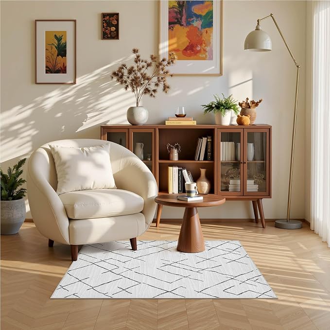kakania Washable 2x3 Area Rug for Entryway: Boho Geometry Home Decor Rug | Soft Stain Resistant, Low-Pile, Non-Slip, Pet & Kid Friendly, Thin Carpet for Hallway/Kitchen/Bathroom - Light Grey