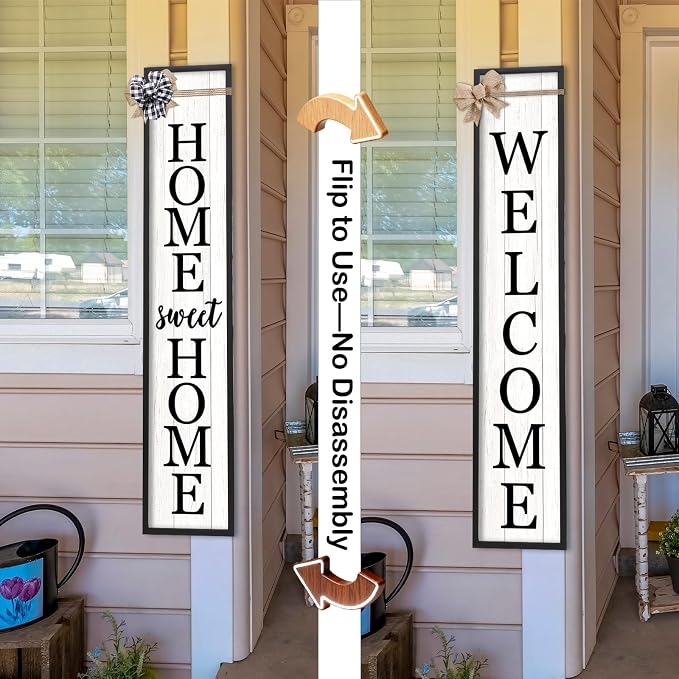Outdoor 2in1 Welcome Sign for Front Door Home Sweet Home Sign for Farmhouse Tall Outdoor Front Porch Standing 2 Sided 45"X9" Large Vertical Leaner Rustic Outside Decor (Black)
