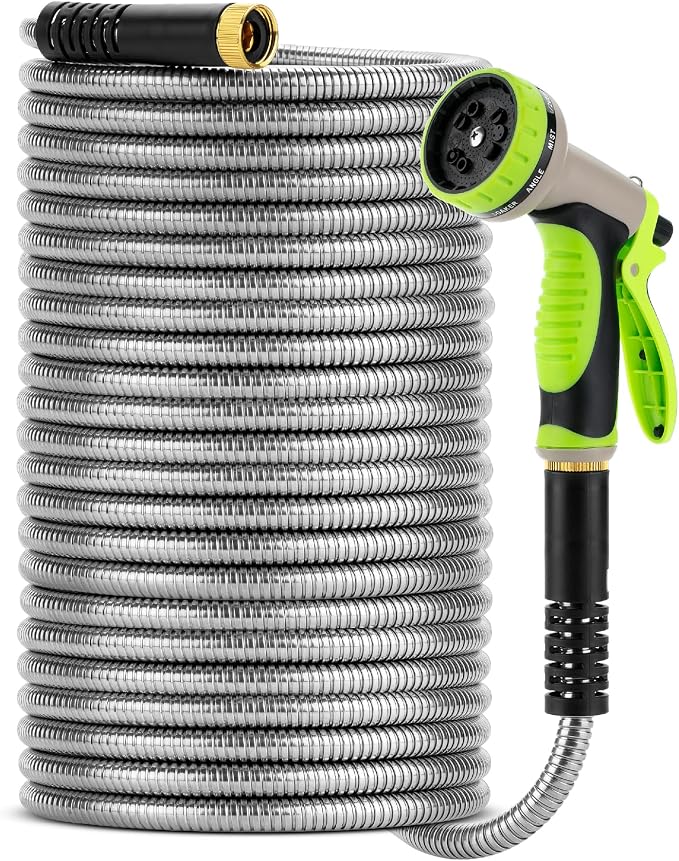 UNCO- Metal Garden Hose with 10 Functions Spray Nozzle, 100 Feet, No Kink | Stainless Steel, Durable Flexible Water Hose for Garden, Yard, Outdoor Watering and Cleaning, Metal Hose for Outdoor Use