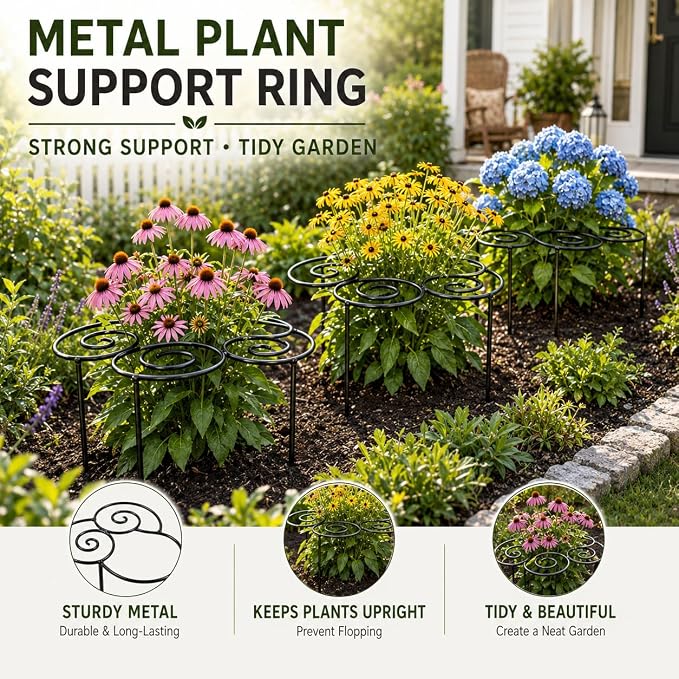 Metal Peony Support Ring for Outdoor Plants, Garden Plant Support Stakes for Flowers & Vegetables, Stackable Peony Cage for Dahlia, Rose, Orchid & Tomato (M)