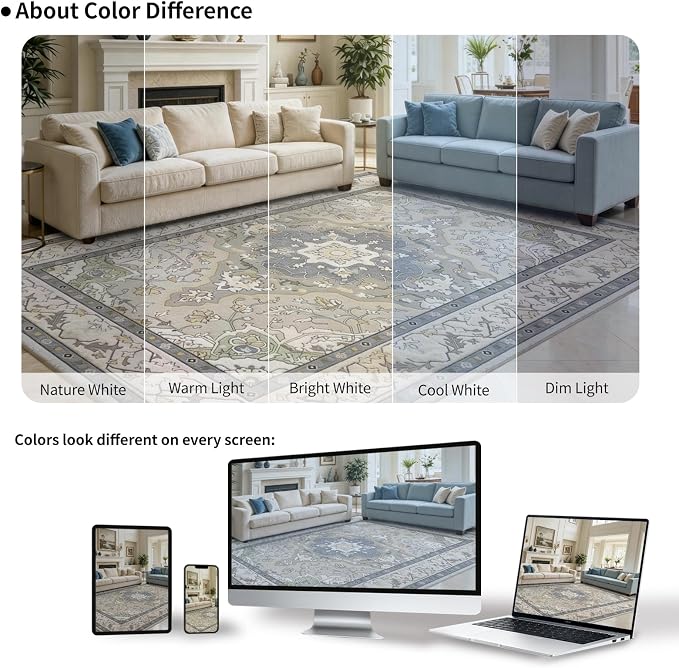 Vintage Farmhouse 8x10 Washable Rug | Non-Slip, Stain Resistant, Low-Pile Carpet for Living Room, Dining Room, Bedroom, Office, Grey Green