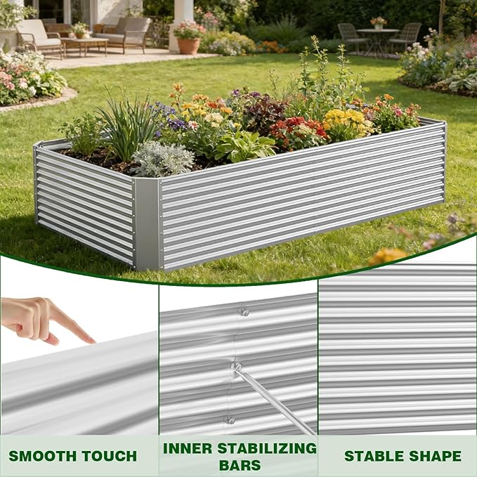 Galvanized Steel Raised Garden Bed, 3 Pack, 4×2×1.4ft | Outdoor Planter Box, For Root Vegetables, Herbs & Flowers, Metal Construction, For Backyards, Terraces & Balconies