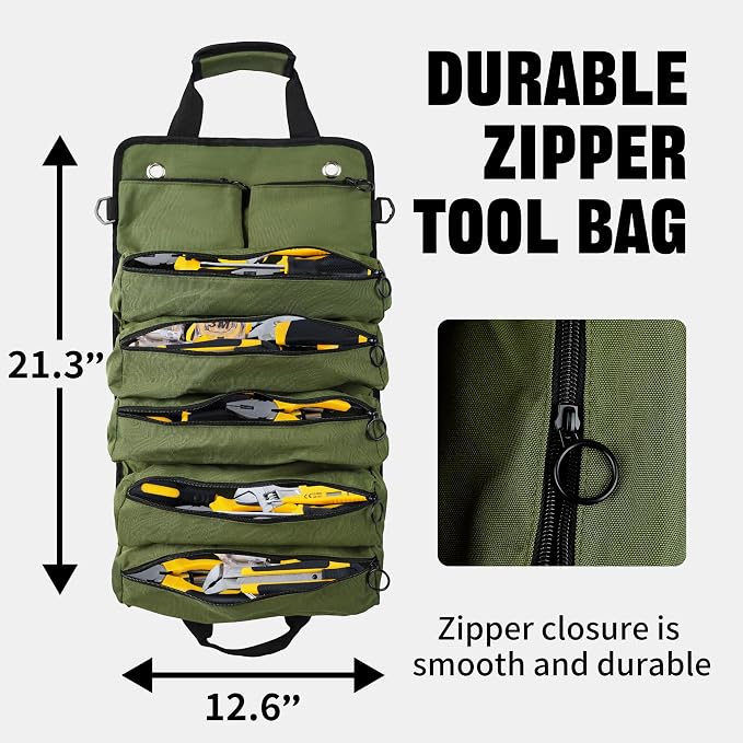 Portable Foldable Roll Up Tool Bag, Heavy Duty Tool Organizer Bag with 5 Compartments & 2 Detachable Pouches for Tools Storage, Waterproof Tool Roll Bag for Dad Men Electrician Gifts