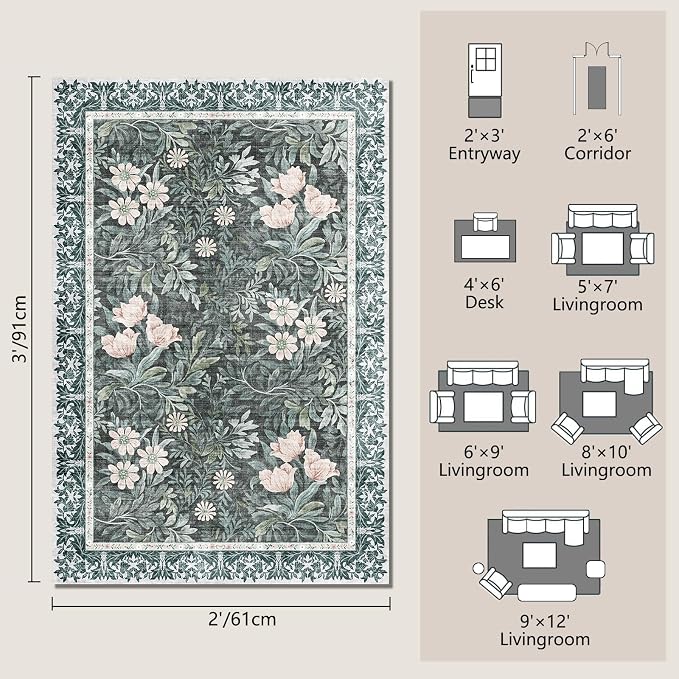 Washable Entry Vintage Floral with Ornate Border Rug 2x3 - Front Door Rugs Indoor, Non-Slip Bathroom Small Rugs, Vintage Floral Style Rug for Kitchen, Perfect for Entryway Décor