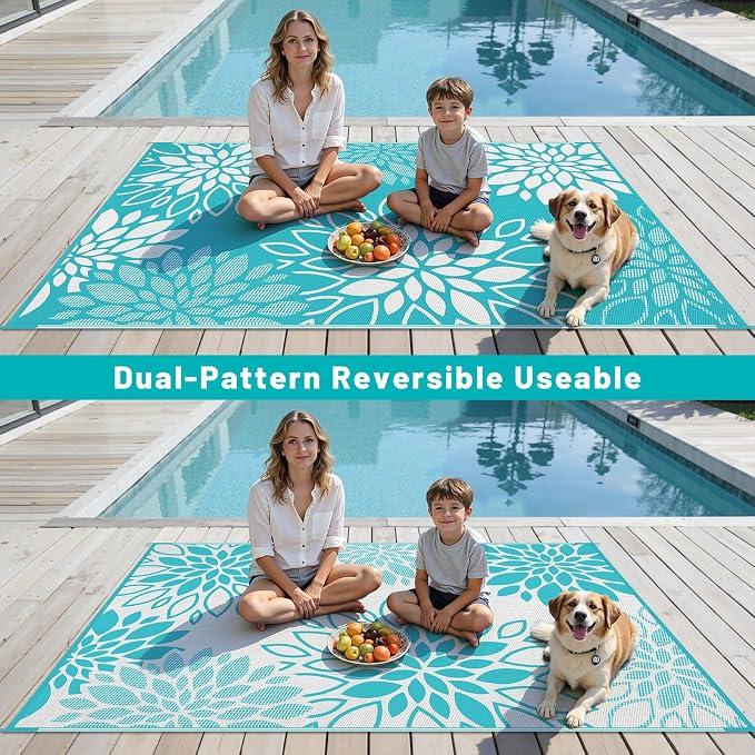 HEBE Waterproof Outdoor Rug 6x9 for Patios, Floral Reversible Plastic Straw Rug Patio Mat, Indoor Outdoor Carpet RV Mat Camping Rug for Deck, Camper, Porch, Balcony, Backyard, Picnic