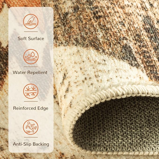 2'x5' Washable Area Rug for Living Room Runner Cream/Camel | Soft Western No Slip Low Pile Print Foldable Indoor Small Rug for Kitchen entrance entryway hallway
