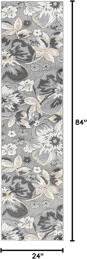 Rugshop Bergamo Contemporary Floral Non-Shedding Easy Cleaning Patio Deck Backyard Indoor/Outdoor Runner Rug 2' x 7' Gray