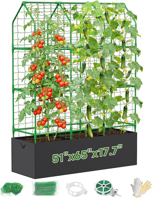 Cucumber Trellis with Grow Bag for Raised Bed, A-Shape Garden Trellis for Climbing Plants Outdoor, Metal Plant Trellis with Garden Netting for Flower Vegetables, Pea, Grape (50 * 17 * 65inch(L*W*H)
