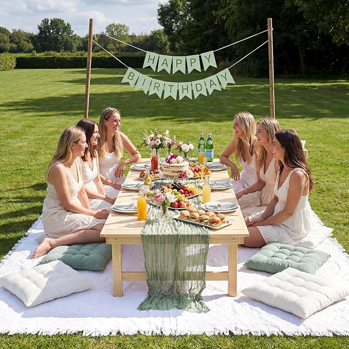 8 Pcs Fit for 6 People 91 x 71'' Extra Large Outdoor Picnic Blanket with Sage Green Table Runner and Floor Pillow Cushion Fit for 6 People Picnic Wedding Birthday Baby Shower Backyard Decor