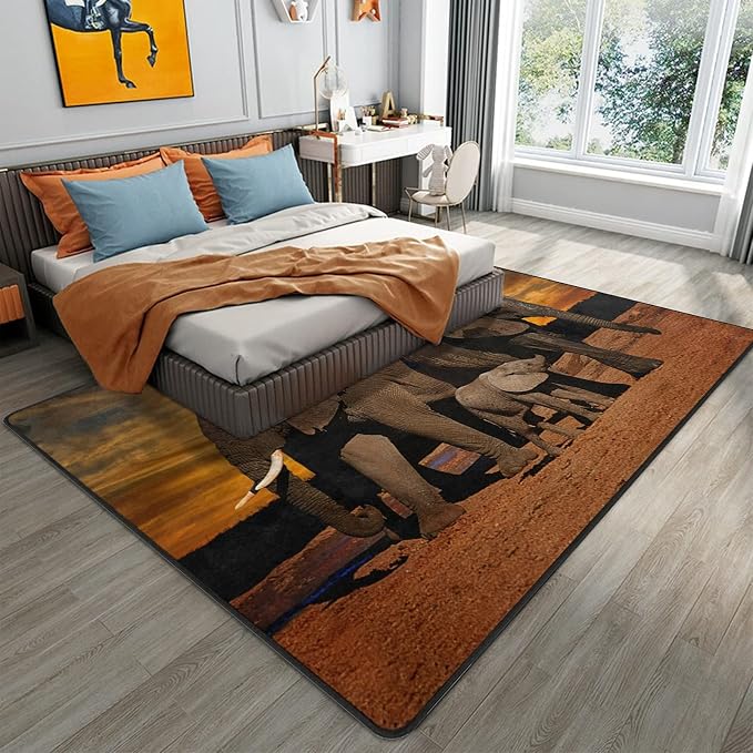 9CH African Elephant Sunset Area Rug, Non-Slip African Rugs for Living Room Bedroom Dinning Kitchen Office Large Carpet Rug 7'X5'