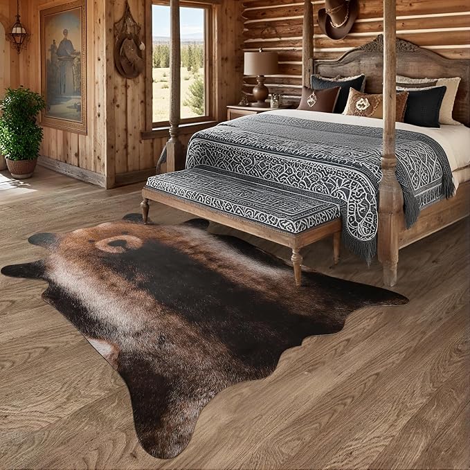 AROGAN Premium Bear Print Rug, Faux Animal Hide Rugs, Non-Slip 4.6 x 5.2 Ft | Machine Washable Animal Print Hide Leopard Skin Area Rug for Bedroom Living Room Home Decor Pet Friendly
