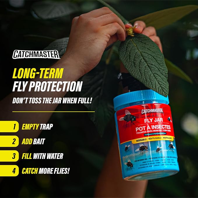 Catchmaster Reusable Outdoor Fly Trap, 2 Hanging Blue Jars with Bait | Catches All Species of Fly, Fly Traps Outdoor w/ Food-based lure, Odor Attracts Flies Away From People, Refill & Reuse