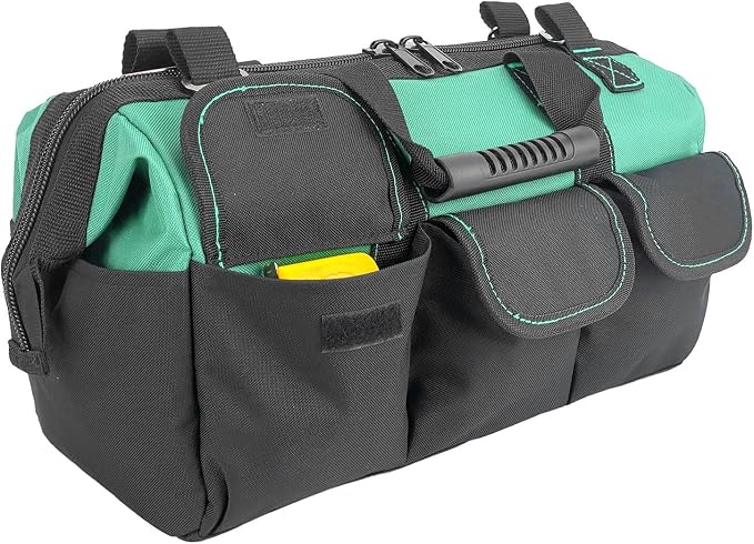 16-inch tool box Non-slip feet adjustable shoulder strap 14 functional insert pockets,large capacity Men's heavy-duty toolbox,for electricians, carpentry,gardening (Cyan Blue)