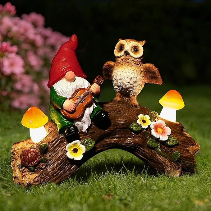 Solar Garden Statues Owl Gnomes Outdoor Decor Resin Owl Figurine with Mushroom Lights for Patio Lawn Yard Decorations Christmas Birthday Housewarming Gardening Gifts for Women Mom