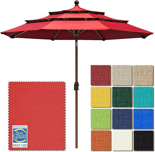 EliteShade USA 10-Year-Non-Fading 9ft 3-Tier Market Patio Umbrella, Commercial Grade Outdoor Table Umbrella with Crank Open, Windproof & UPF 50+ UV Protection, Heavy Duty Ventilation for Garden, Deck, Pool, Backyard, Beach & Bistro, Logo Red
