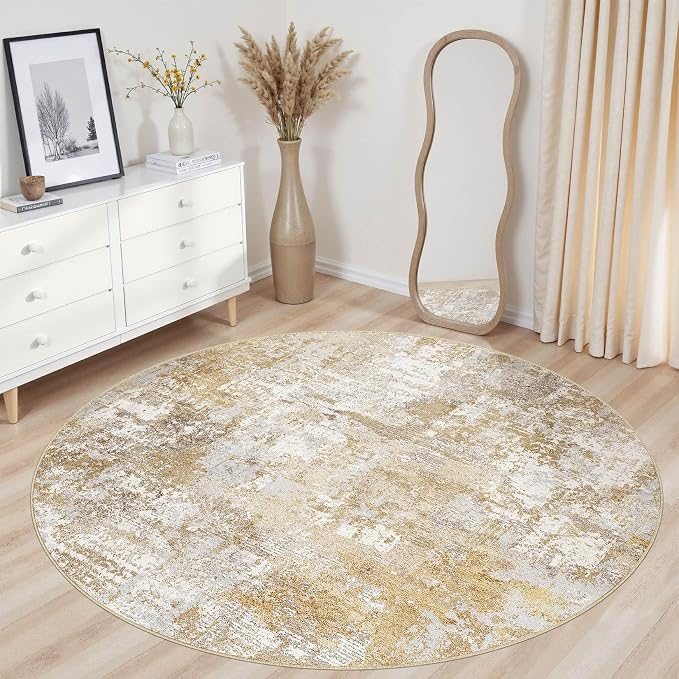 Tortania Washable 5' Round Area Rug for Living Room: Modern Abstract Neutral Large So' Thin Rugs - Non Slip Indoor Carpet for Bedroom Dining Room Office Nursery Home Floor Decoration - Brown Grey