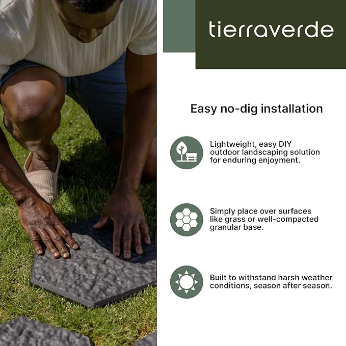 TierraVerde 10-Pack 15”x13” Stomp Rubber Stepping Stones, Hexagon, Black – Reversible Non-Slip Outdoor Faux Decorative Set for Landscaping – DIY Decor for Walkways & Yard Pathways