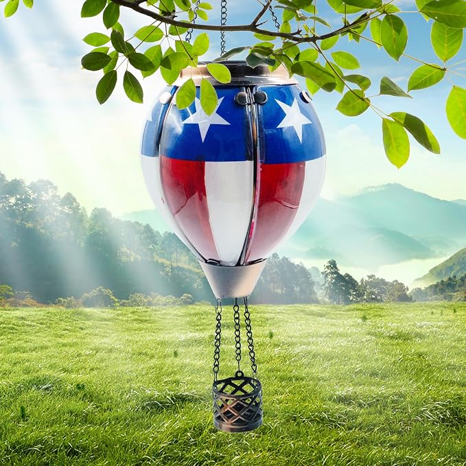 Glass Solar Hot Air Balloon Lantern with Flame Hanging Garden Flickering Light Outdoor Waterproof for Yard Patio Tree 4th of July Decorations, Flag-C