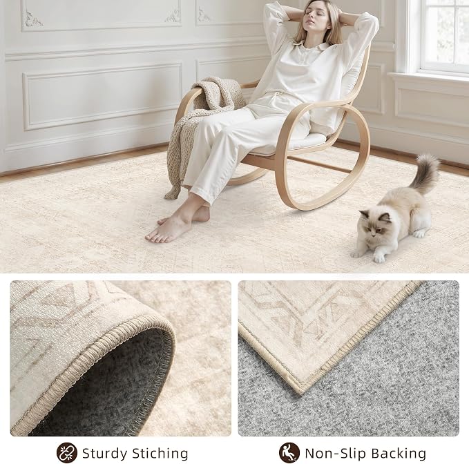4x6 Area Rugs Living Room: Bedroom Neutral Washable Carpet Beige | Large Vintage Boho Indoor Decor Carpets Soft Nursery Farmhouse Dining Room Office Floor Non-Slip Low Pile Under Table Rug