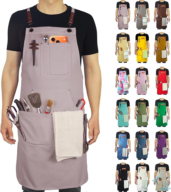 Kitchen Apron, Work Apron, Canvas Apron, Grey | Multiple Pockets, Gardening, Painting, BBQ, Artist, Carpenter, Sizes M to XXL