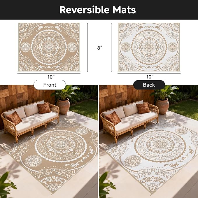 Pauwer Waterproof Outdoor Rug 8x10, Reversible Plastic Straw Patio Camping Rug, Indoor Outdoor RV Mat Carpet for Deck, Camper, Porch, Balcony, Backyard, Picnic, Paisley Brown