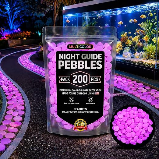 Glow in the Dark Rocks Outdoors, Decorative Night Guide Pebbles for Landscaping & Garden Pathway, Colored Glow Stonesfor Fish Tank, Aquarium Decor & Planters, Luminous Stones for Vases (200, Purple)
