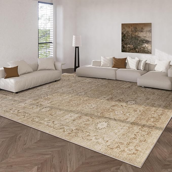 10x12 Area Rugs for Living Room: Large Washable Rug Non Slip Low Pile Soft Faux Wool Non Shedding Distressed Vintage Lightweight Boho Carpet for Bedroom Dining Room Nursery Home Office Farmhouse