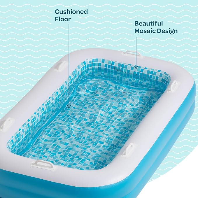 3-in-1 Premium Inflatable Kiddie Pool, Ball Pit & Tanning Pool, Soft Cushioned Floor, Handles, Drain, Shallow Rectangular Blow Up Swimming Pool for Kids, Small Backyard Tanning Pool - 65"x39"x10"