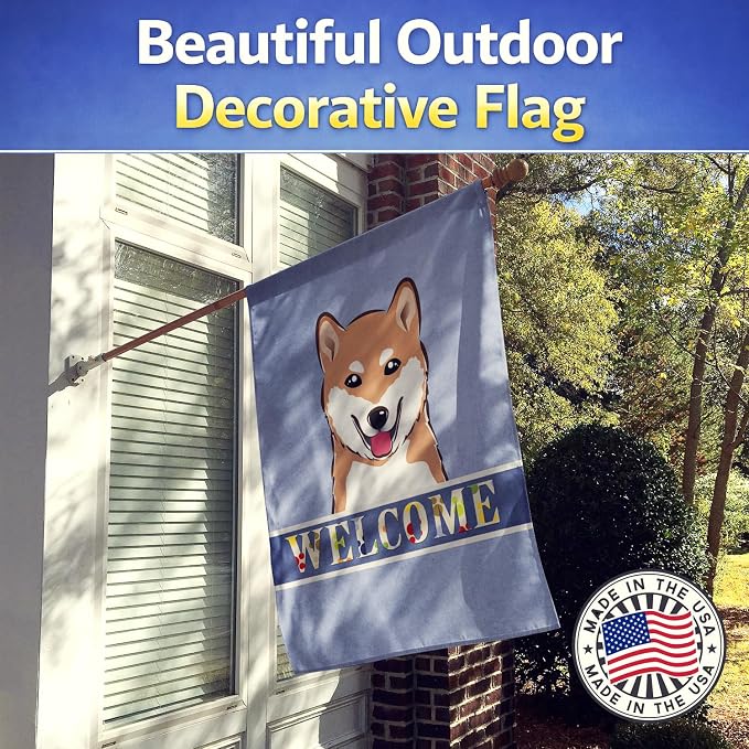 Caroline's Treasures BB1411CHF Shiba Inu Welcome House Flag, Blue Large Porch Sleeve Pole Decorative Outside Yard Banner Artwork Wall Hanging, Polyester, House Size, Multicolor