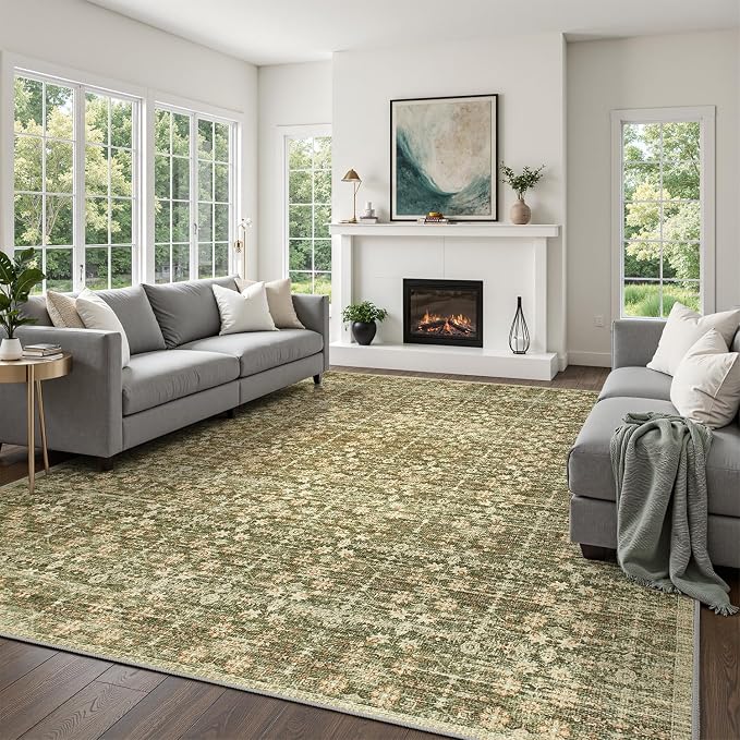 DCX 9x12 Neutral Rug, Kid & Pet Friendly with Rubber Back Non Slip, Machine Washable Stain Resistant Olive Green Floral Rug for Living Room, Bedroom, Soft Low Pile Large Nursery Carpet