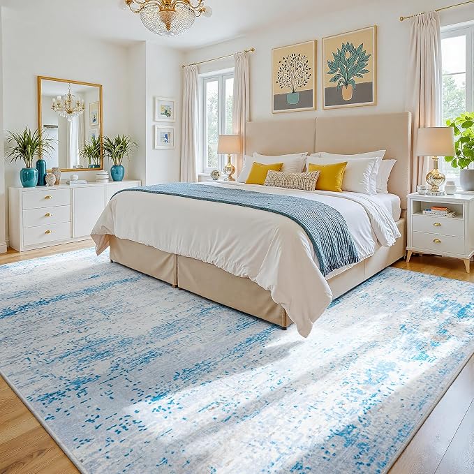 9x12 Washable Area Rug for Living Room Bedroom: Non-Slip Modern Light Blue | Machine Washable TPR Backing, Stain-Resistant Low Pile, Pet & Kid Friendly, Abstract Decor for Dining Room, Dorm, Home Office