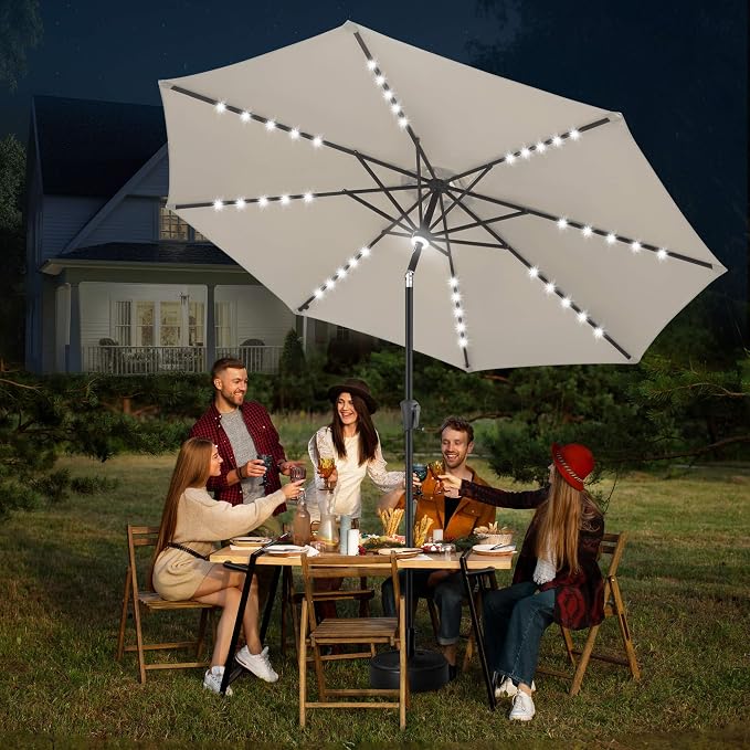 FLAME&SHADE 10 FT Solar Light Patio Umbrella, 40 LED Lights Outdoor Umbrella with Centre Surround Light, Table Market Umbrella for Deck, Pool, Porch, Backyard, Garden, UV Protection, Taupe