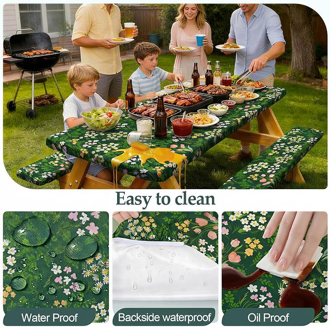 Play Tailor Picnic Table Cover with Bench Covers Camping Essentials Waterproof Windproof Camping Tablecloth with Drawstring Bag, Fitted Rectangle Tables and Seats, 72in, Green Pink