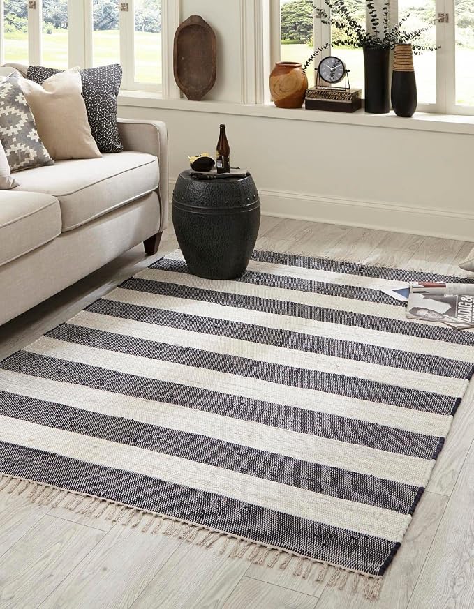 Unique Loom Chindi Rag Collection Area Rug - Striped (3' 1" x 5' 1" Rectangle, Navy Blue/ Ivory)