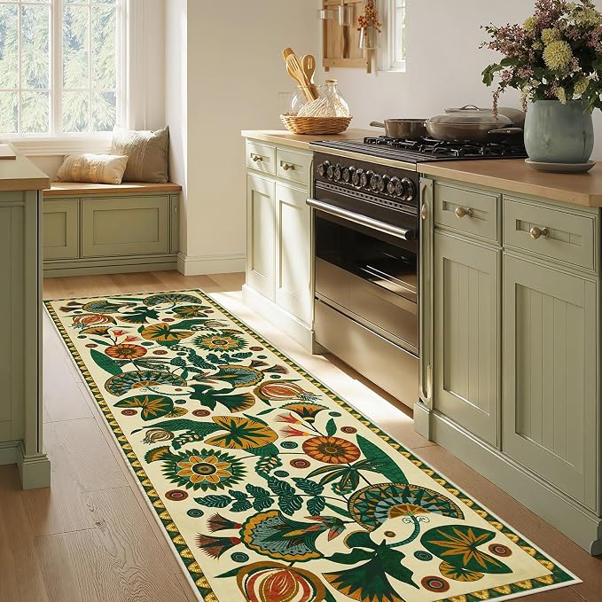 Joydeco Egypt Floral Washable 2.6x8 Runner Rug for Hallway Entryway Kitchen | Boho Botanical Colorful Non Slip Stain Resistant Low Pile Flower Indoor Carpet Runner for Entry Laundry Room Bathroom, Beige
