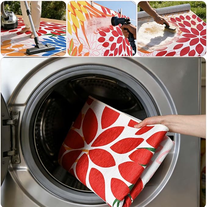 Yinhua Dahlia Floral Outdoor Rug 8x10 Colorful Indoor Outdoor Rugs Washable Patio Rug Non Slip Large Flower Area Rug Low Pile Outdoor Carpet for Patio, Deck, Porch, Balcony, Camping, Red and Blue