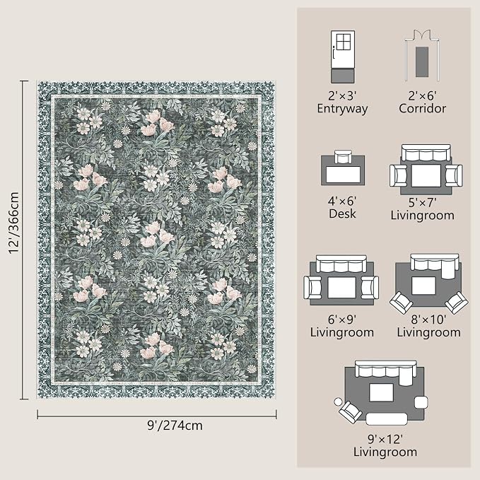 Washable 9x12 Area Rug - Light Green Vintage Floral with Ornate Border, Soft Low Pile Carpet for Living Room, Dining Room Under Table, Bedroom Non-Slip, Stain Resistant & Durable