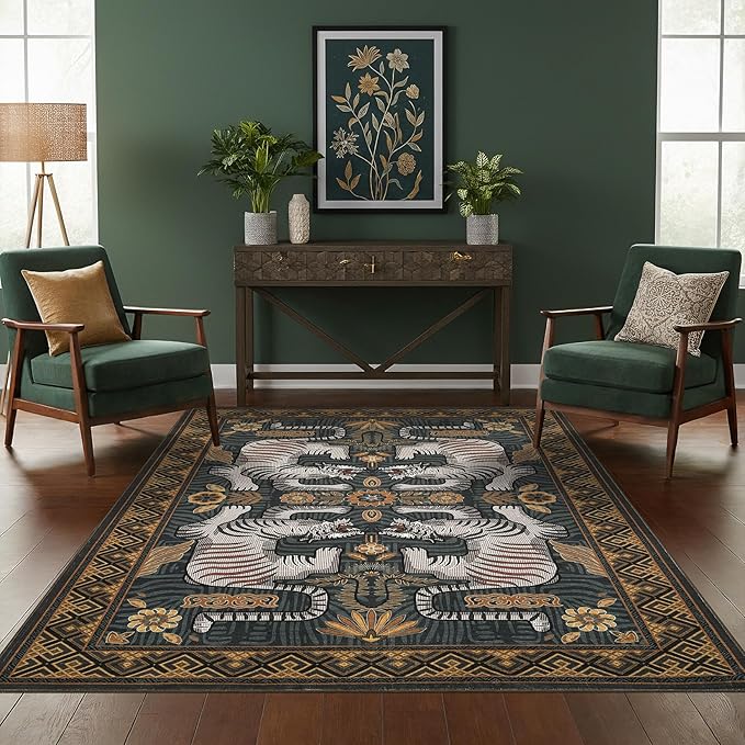 GarveeHome Tiger 6x9 Area Rugs Boho Washable Vintage Non Slip Living Room | Blue Rugs for Bedroom, Vintage Tribal Soft Animal Print Throw Rug Ultra Thin Stain Resistant Floor Carpet for Office