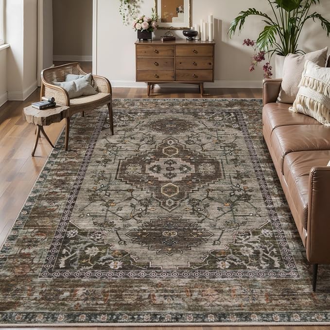 Tangsoo 4x6 Washable Area Rug, Oriental Non Slip Indoor Accent Rugs | Vinatge Rugs for Living Room, Boho Soft Low Pile Print Distressed Carpet for Bedroom Dining Room Office Taupe Home Decor
