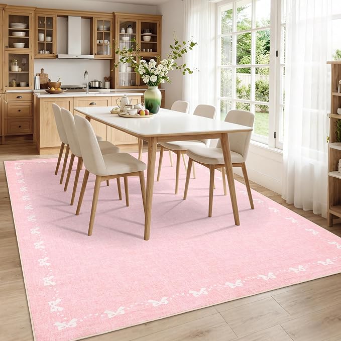 COZYLOOM 5x7 Bow Border Washable Rug for Entryway Indoor, Modern Solid Color Living Room Rug with Non Slip Backing, Stain Resistant Non Shedding Farmhouse Rugs for Bedroom, Dining Room, Nursery, Pink