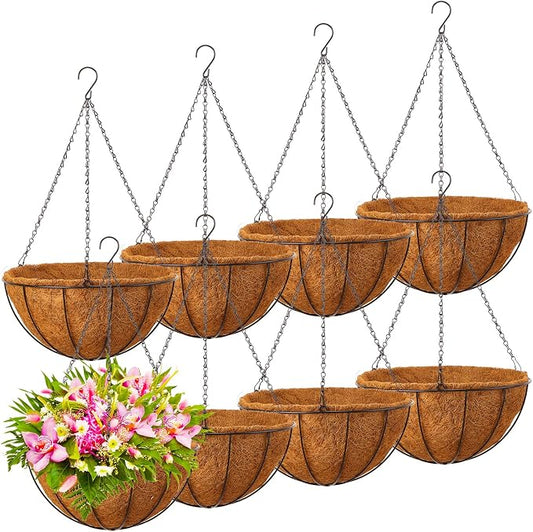 Rtteri 8 Pcs 16 Inch Hanging Baskets for Plants Outdoor with Metal Wire Frame and Coconut Coir Liners, Round Wire Hanging Baskets with Chain for Patio Garden Porch Decoration