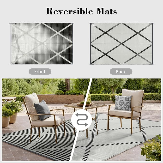 Lahome Outdoor Rug 8x10 Patio Waterproof, Plastic Straw Reversible Outside Rv Rugs for Camping, Large Indoor Outdoor Carpet for Porch Deck Backyard Camper Picnic, Grey 8'x10'