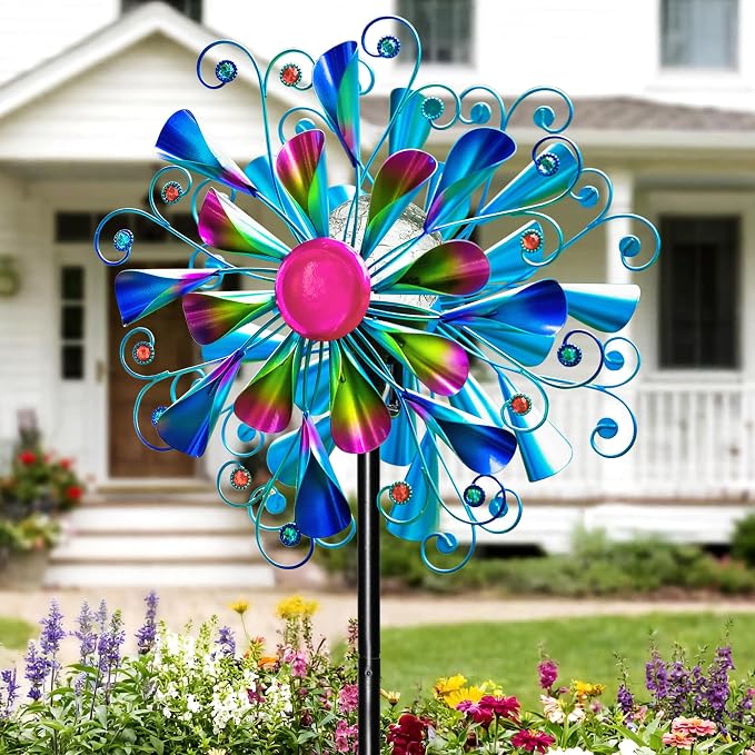 60'' Wind Spinner with Color Glass Ball Solar Lights, Blue Peacock Feathers Metal Garden Outdoor Decor Yard Lawn Art Decor for Patio Kinetic Windmills Unique Gifts for Friends and Family