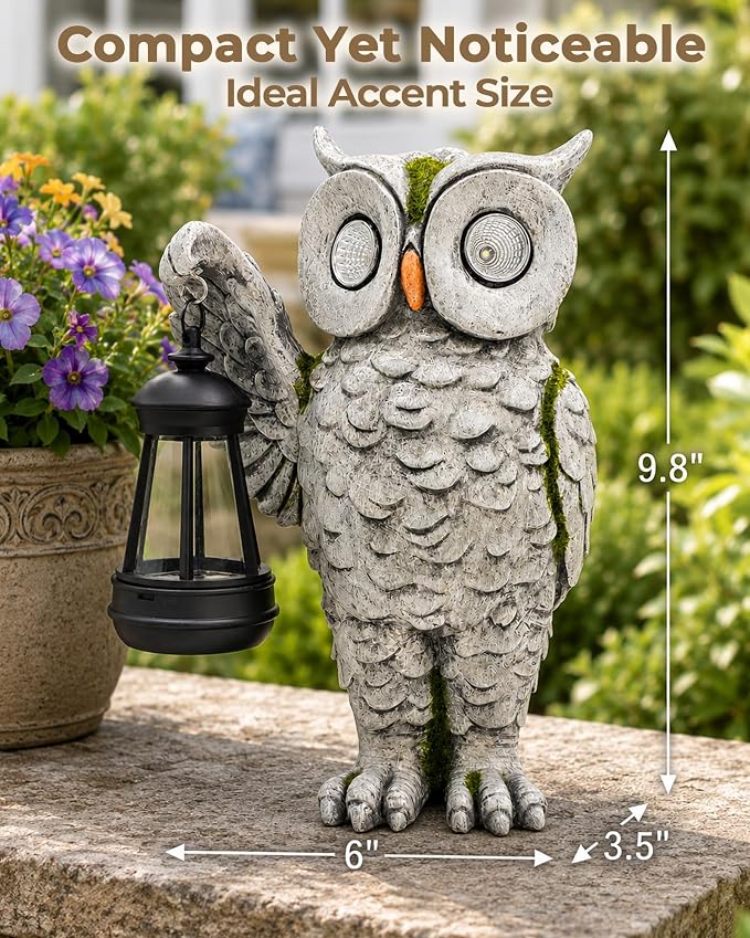 Solar Owl Statue Outdoor Decor | Stone-Look Resin Owl Garden Sculpture with Glowing Eyes & Hanging Lantern | Realistic Weathered Finish for Patio, Lawn, Porch, Flower Bed | Gardening Gift
