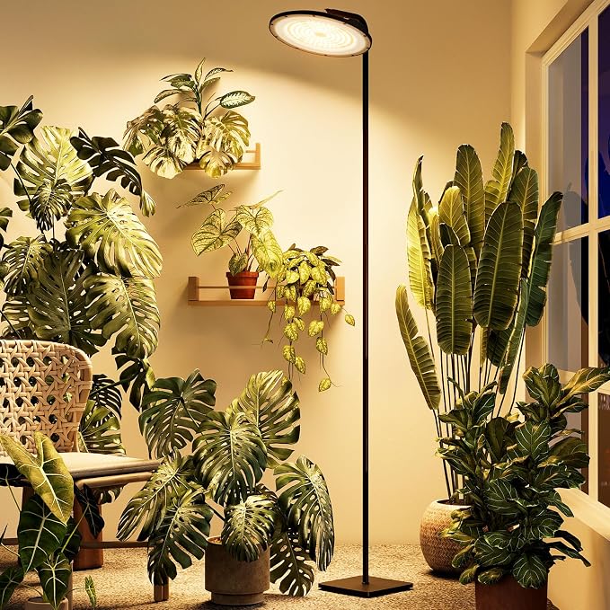 Bamworld Hanging Grow Light for Indoor Plants 12in Large Head Full Spectrum 10 Dimmable Levels LED Grow Light Long Cord Timer Garden Greenhouse Flowers Large Tall Plant Black with Upright Stand