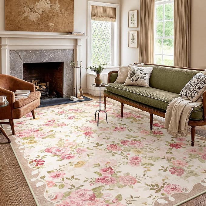 Lahome Floral Washable Rugs 5x7,Rugs for Living Room Pink Area Rug,Vintage Rugs for Bedroom Girls Non Slip Low Pile Ultra-Thin Large Carpet for Office Dining Room,Kids Playroom Nina (5'X7',Beige)