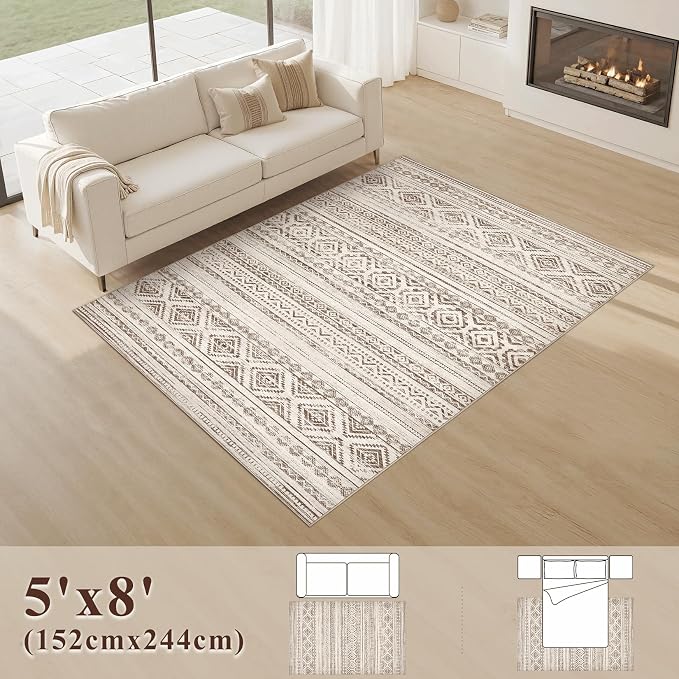 cotiled Boho 5x8 Area Rugs for Living Room: Soft Moroccan Washable Rug | Solve Modern Neutral Trendy Home Decor - Stain Resistan Indoor Carpet for Bedroom Dining Room Dark Brown