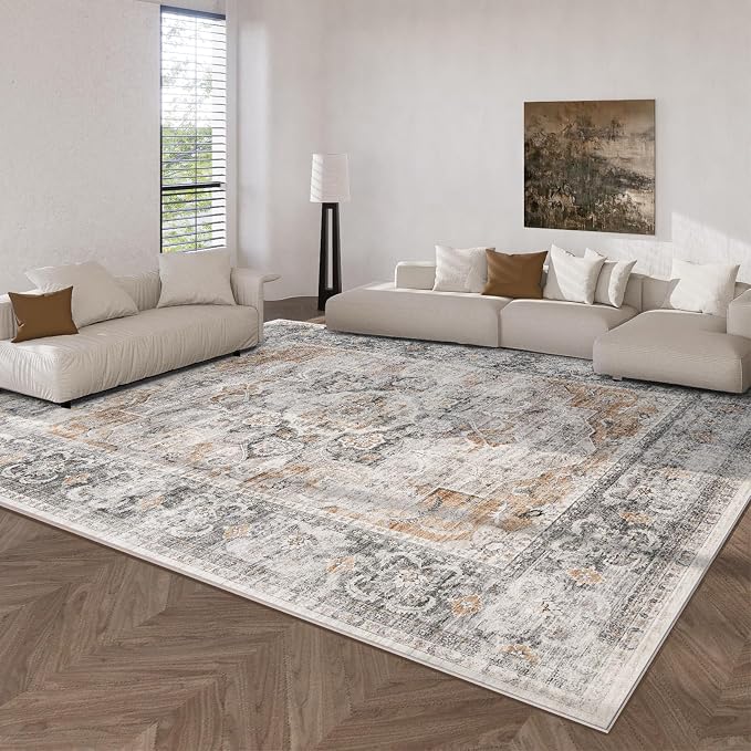 Area Rugs 9x12 Living Room: Washable Rug Non Slip Low Pile Soft Faux Wool Non Shedding Distressed Vintage Boho Large Area Rugs for Bedroom Dining Room Kitchen Nursery Under Table Farmhouse Home Office
