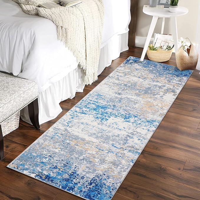 ROYHOME 2x6 Modern Abstract Runner Rug, Blue/Grey | Non Slip Soft Stain Resistant Low Pile Machine Washable Non Shed Rug for Hallway Kitchen Bathroom