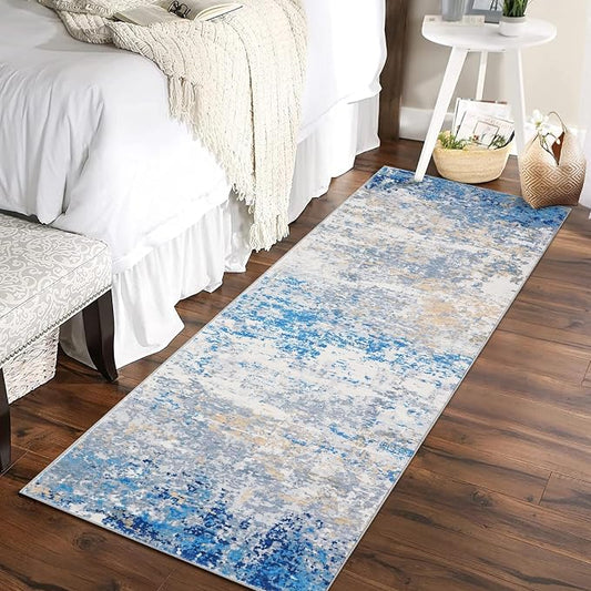 ROYHOME 2x6 Modern Abstract Runner Rug, Blue/Grey | Non Slip Soft Stain Resistant Low Pile Machine Washable Non Shed Rug for Hallway Kitchen Bathroom